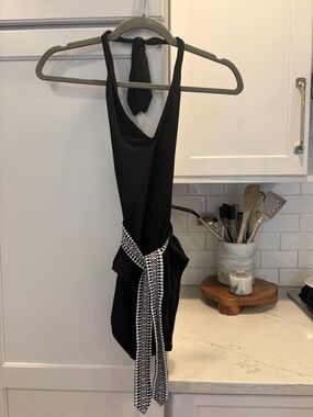Black One-Piece Halter Swimsuit with Black & White Waist Tie